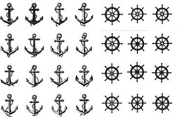 Nautical anchor and ship wheel silhouette vector set, marine black design illustration for ocean, sailing, navigation, sea travel, and maritime themes © Goutom