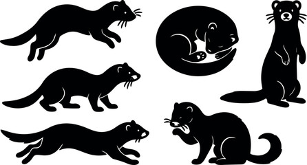 Obraz premium Minimalist silhouette vector set of playful ferret and stoat poses running sleeping standing curled side view close ups isolated icons