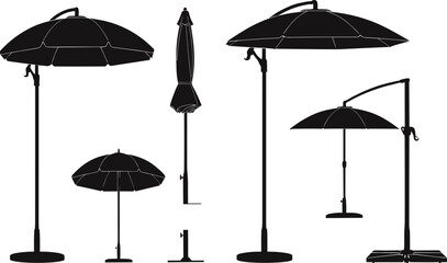 Outdoor patio umbrella vector illustration, garden parasol silhouettes collection, summer sunshade design, modern beach umbrella set, backyard furniture decor elements, black silhouette style © Goutom