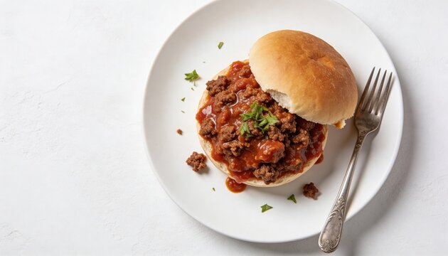A hearty sloppy joe sandwich with savory ground beef in a tomato-based sauce on a toasted bun, served on a white plate with a fork.