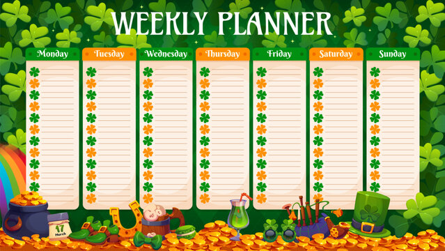 Weekly planner with St Patrick Day shamrock clovers, irish holiday green beer, leprechaun hat and gold pot on rainbow. St Patrick Day weekly planner, timetable and daily plan at clovers background
