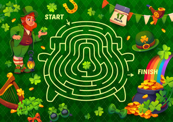 Fototapeta premium St Patrick day labyrinth maze game with cartoon leprechaun character, pot of gold, rainbow, clover, hat, harp, golden coins, glasses. Vector holiday puzzle with shamrock and path from start to finish