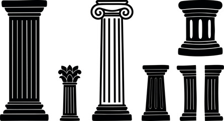 Naklejka premium Flat design classical columns set with ionic corinthian doric capitals multiple angles isolated vector silhouettes in black frontal side elevation
