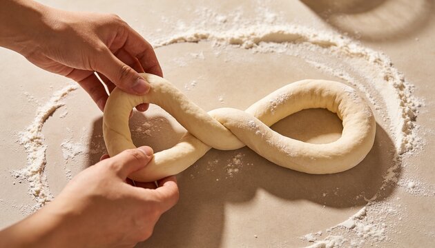A pair of hands twisting fresh dough into an infinity or pretzel shape on a floured surface.