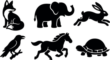 Fototapeta premium Minimalist silhouette vector set six animal icons fox elephant hare raven running horse and turtle isolated on white background collection