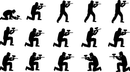 Paintball player silhouette vector illustration, action shooting poses set, tactical sport figures, black combat icons collection for training, games, branding © Goutom