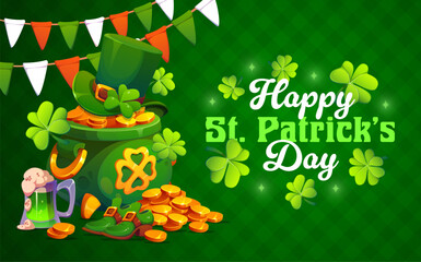 Fototapeta premium Happy St Patrick day greetings card with green pot of gold, leprechaun hat, boots, shamrocks, gold coins and beer mug. Festive bunting and lucky clovers enhance the cheerful Irish celebration vibe