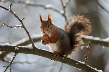 Obraz premium Red squirrel holding a nut on a snow-covered branch in winter