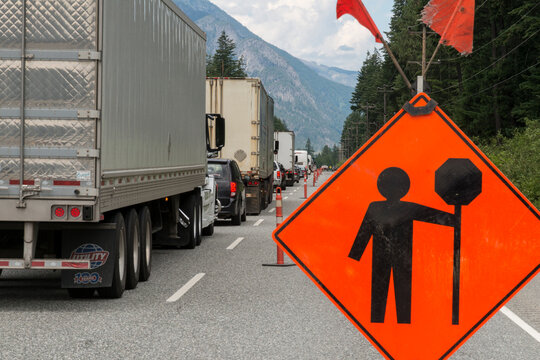 Canada, BC, Boston Bar.  Road traffic backed up for construction on Trans Canada Highway 1.