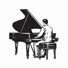Classical Pianist Performing on Grand Piano Vector On White Background