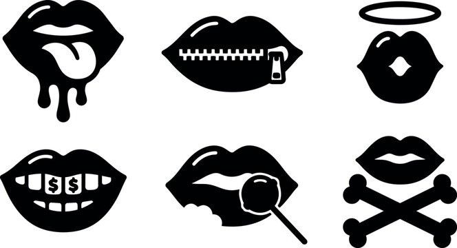 Flat design minimalist set of six lip icons including dripping tongue zipped lips halo kiss dollar grill lollipop and crossbones