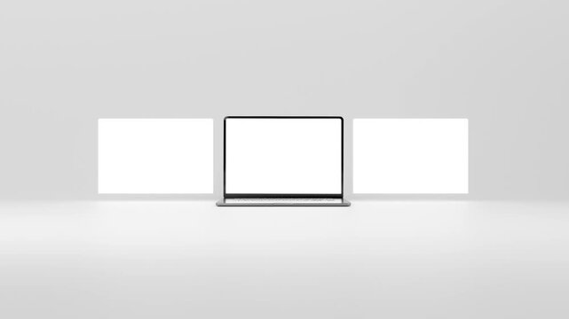 Zoom in of three laptop screens sequence in perspective. Blank template for place your web page design, posts and carousels. Ready for mockup. 3D Rendering High resolution 8k.