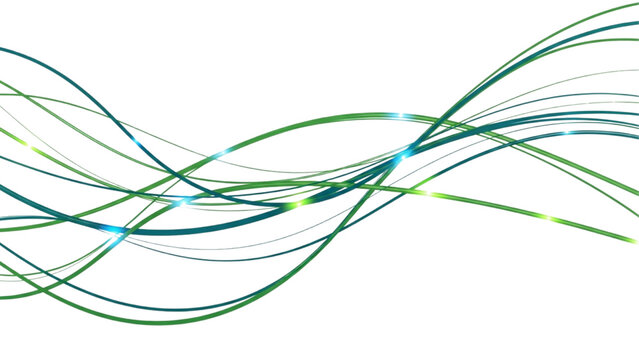 Abstract flowing lines with vibrant green and blue streaks on a white background
