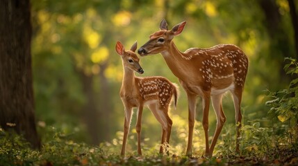 Fototapeta premium Mother deer guiding her fawn through a sun-dappled forest, capturing a moment of gentle wildlife interaction and natural beauty.