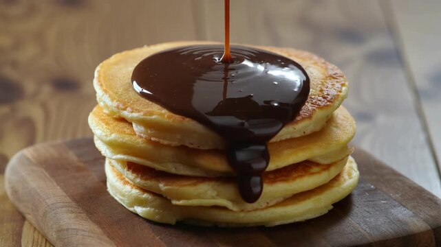 A warm and inviting image of a pancake stack covered in chocolate sauce. Perfect for illustrating breakfast, brunch, or dessert options, conveying fee