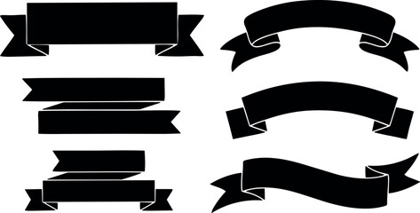 Flat design black ribbon and banner vector silhouettes set with folded ends variety multiple angles isolated on white studio display