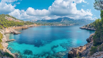 Obraz premium Cala fornells beach panorama with mediterranean sea views in mallorca spain coastal landscape
