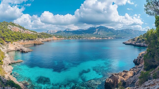 Cala fornells beach panorama with mediterranean sea views in mallorca spain coastal landscape