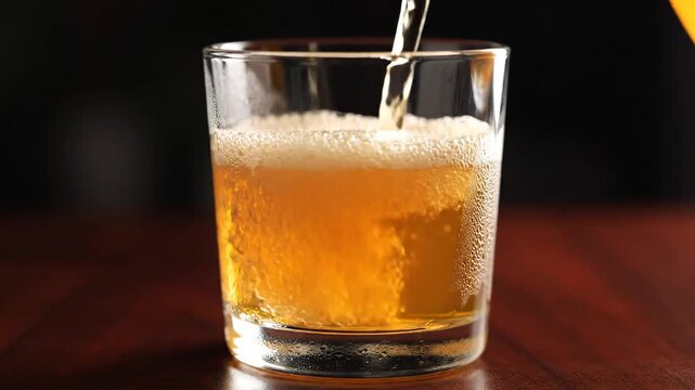 Closeup shot of amber colored liquid likely whiskey or bourbon being poured into a clear glass tumbler on a dark wooden surface creating a refreshing beverage moment.