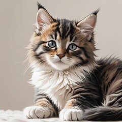 愛らしく伏せるメインクーンの子猫のイラスト