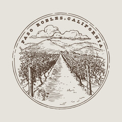 Fototapeta premium Vintage Paso Robles California badge featuring rolling golden oak hills and historic wine country vineyards