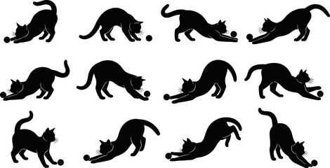 Playful cat silhouette vector set, jumping and stretching feline poses with ball, black and white illustration for pet design, branding, posters, icons © Sarsoti