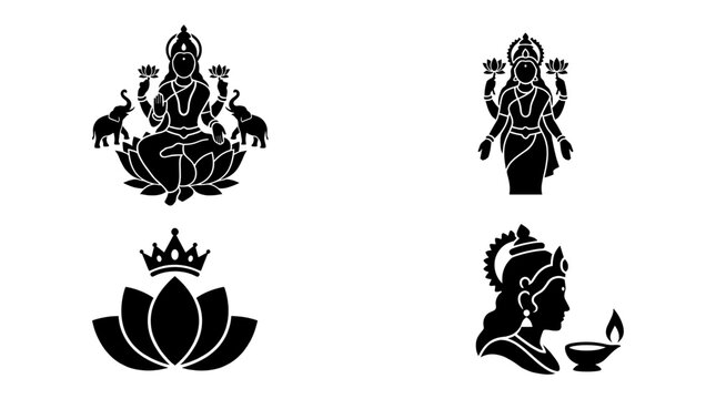 Goddess Lakshmi Silhouette Vector Icon Set with Elephants Diya Lamp and Crowned Lotus