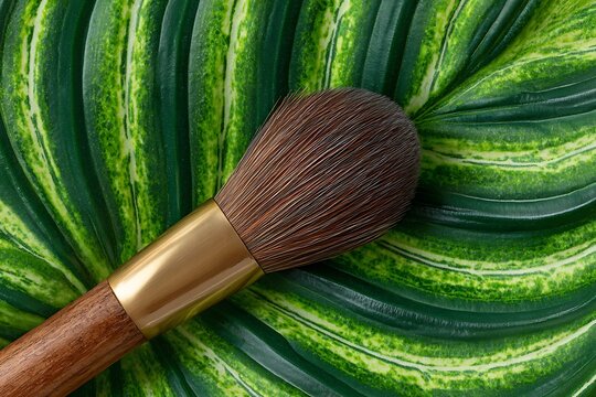 Makeup Brush on Green Leaves Background.