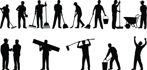 Construction and cleaning worker silhouettes set, professional labor team with broom shovel bucket wheelbarrow vector illustration isolated on white background concept © Vector's World