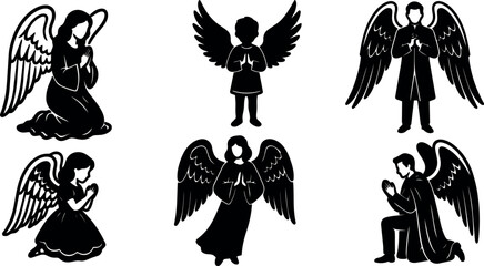 Naklejka premium Flat design silhouette set of six praying angels in various poses with wings robes and folded hands in black vector