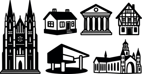 Naklejka premium Flat design silhouette collection of architectural building icons showing cathedral house bank gas station and church in black vector set
