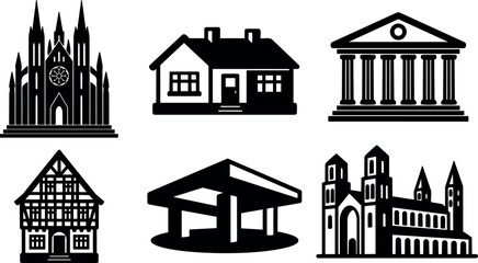 Naklejka premium Flat design vector silhouettes of six building icons front view cathedral house bank timber house gas station abbey black simple