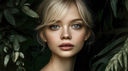 Fototapeta premium Portrait of a Young Woman Surrounded by Lush Green Leaves, Capturing Natural Beauty with Soft Features and Enigmatic Expression in the Forest Setting
