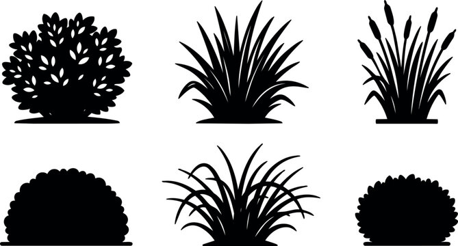 Silhouette vector flat design six bush and grass icons close up garden plants arranged in two rows black shapes minimal