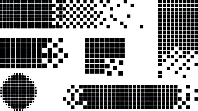 Pixel art fragmented grid banners rounded pixel block elements in black vector set with broken dispersion minimal flat geometric style