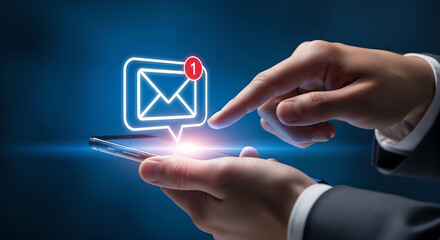Email Notification Icon Floating Over Mobile Phone Held By Hands