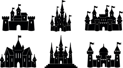 Naklejka premium Silhouette style flat design castle icons six views arranged grid with flags turrets gates in bold black vector isolated set