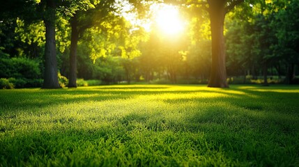 Sunlit trees in a lush green park with fresh grass and natural daylight background