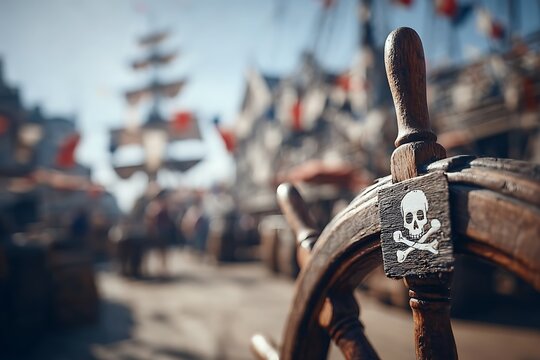 Pirate ship wheel with skull symbol.