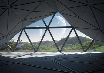 Fototapeta premium From inside a sleek geodesic dome, a panoramic window reveals lush extraterrestrial hills, exotic flowers, and twin moons, inspiring futuristic travel fantasies.