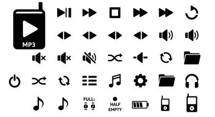 Collection of black icons representing various music and audio controls displayed on a clean white background from a straightforward viewpoint
