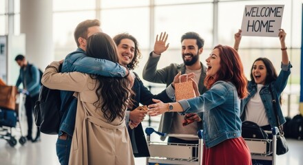 Naklejka premium A group of friends hugging at the airport with a sign that says 'Welcome Home'
