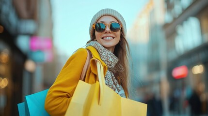 Obraz premium Happy young woman enjoying shopping spree in city street