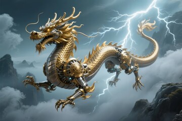 Fototapeta premium Golden mechanical dragon soaring through stormy skies with lightning