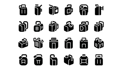 Fototapeta premium Collection of various black monochrome icons representing different types of luggage and travel bags on a plain background from a straightforward viewpoint