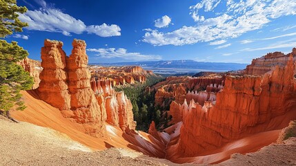 Sunlit rock formations and hoodoos in bryce canyon national park, dramatic desert landscape