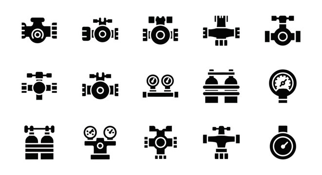 Collection of black icons representing technology and industry on a plain background from a straightforward viewpoint