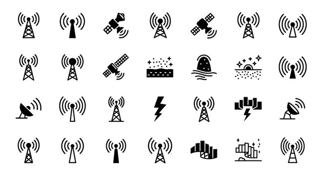 Collection of Telecommunication Towers and Signals Representing Modern Communication Infrastructure and Technology in a Grid Layout