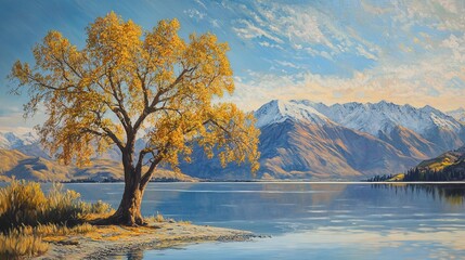 Obraz premium Solitary wanaka tree on serene lake wanaka shore with reflections and mountain backdrop