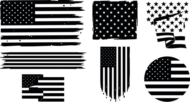 Grunge vector american flag variations set distressed stars stripes torn ribbon circular badge vertical drips peeled corner black silhouette icons